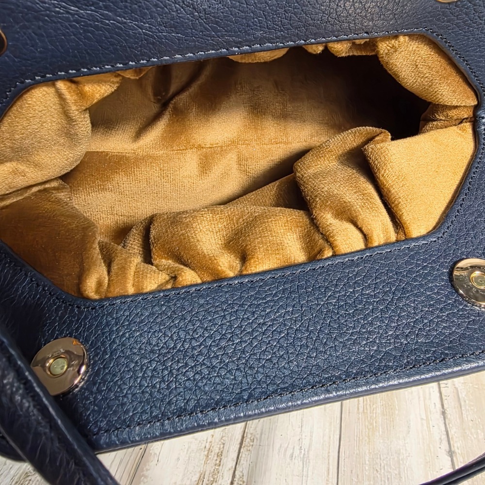 Vintage Navy Leather & Purple Bird Print Reversible Frame Clutch Crossbody Bag - Picture 4 of 6